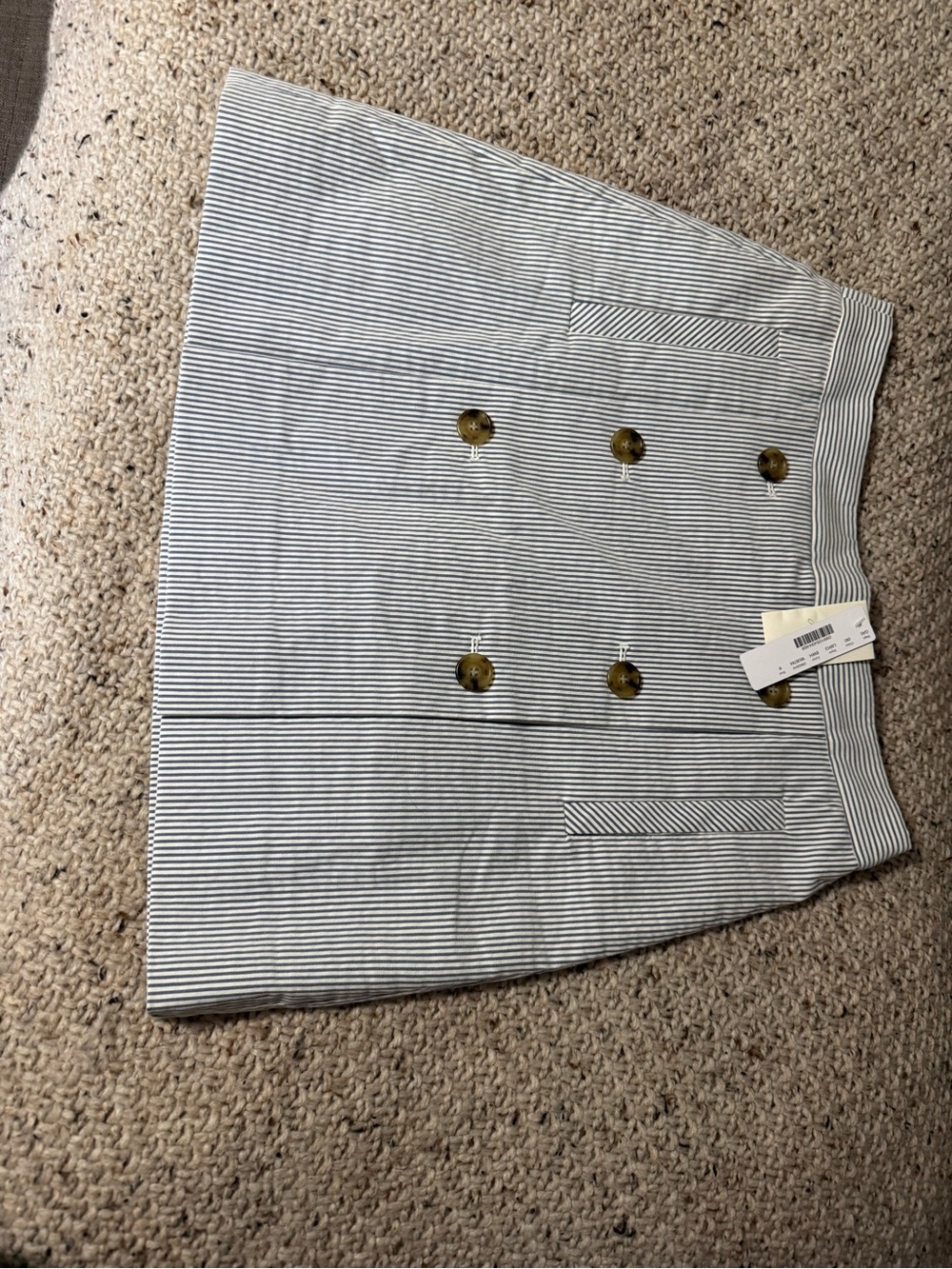 J Crew Striped Double-Breasted Seersucker Mini Skirt in White and Navy